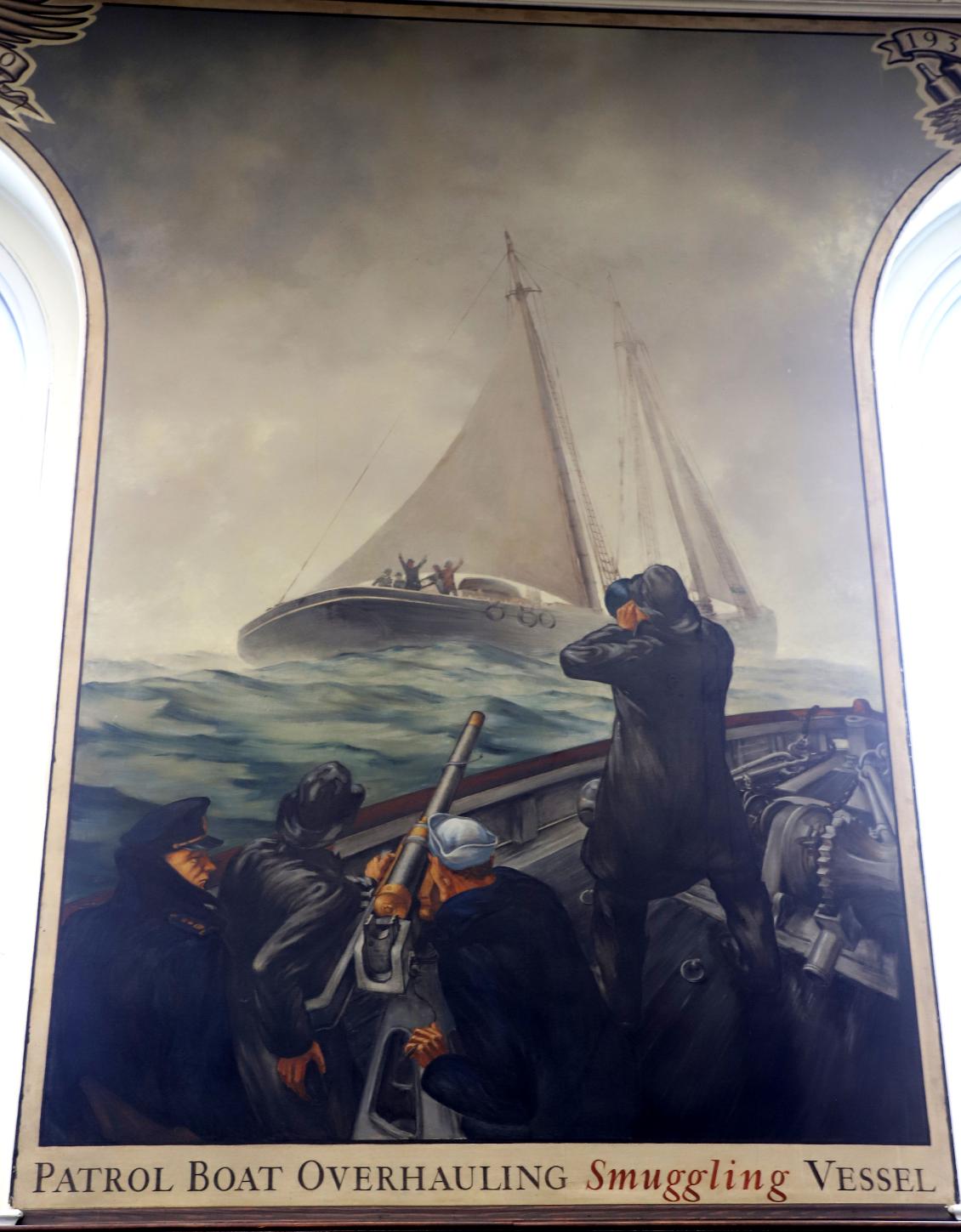 U.S. Coast Guard Academy - Hamilton Hall Mural -  Patrol Boat with Smuggling Vessel