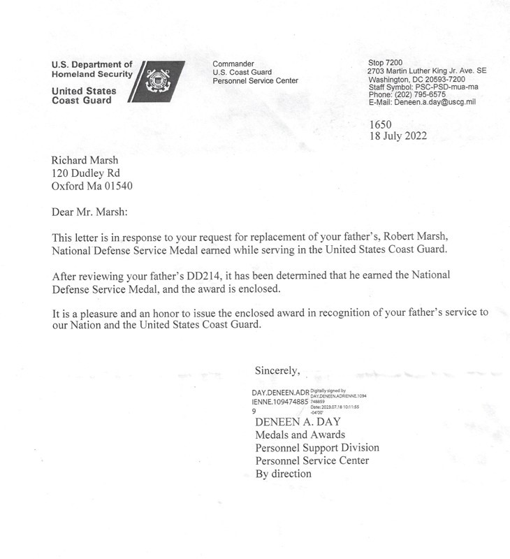 Robert Marsh Coast Guard National Defense Service Medal Letter