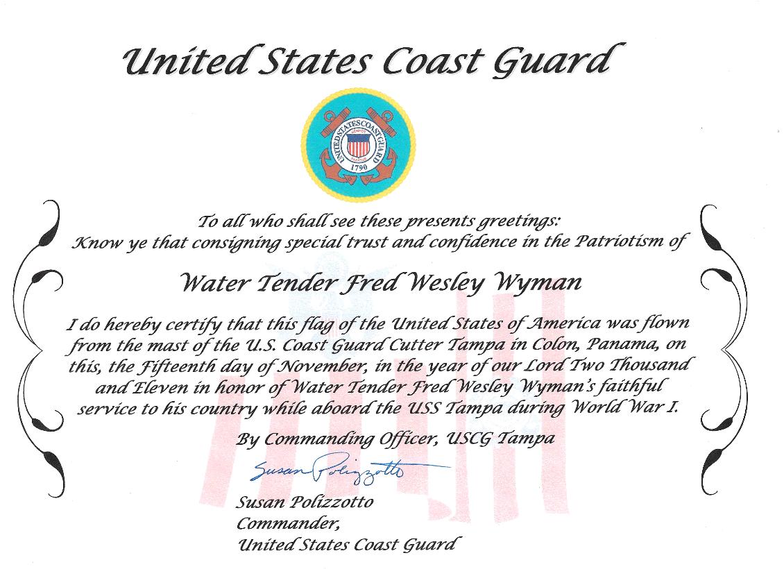 Fred Wesley Wyman - Lost on the Coast Guard Cutter Tampa September 26 1918 Purple Heart Award