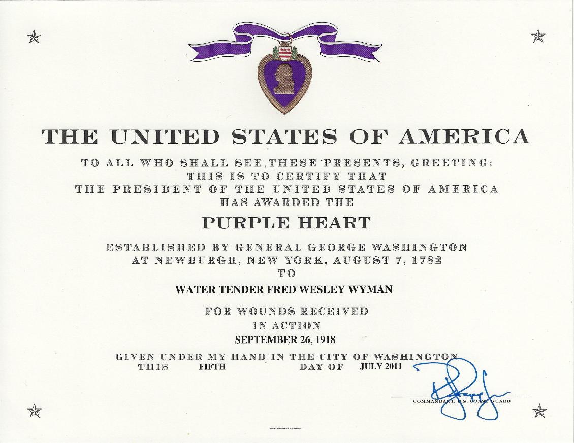 Fred Wesley Wyman - Lost on the Coast Guard Cutter Tampa 1918 Purple Heart